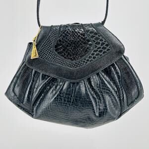 Vintage 70s 80s Bags by Sylvia Black Faux Leather + Authentic Snake Skin Purse